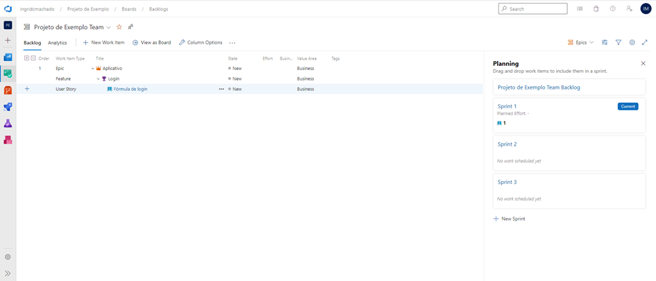 Tela do Product Backlog com os 3 work items criados